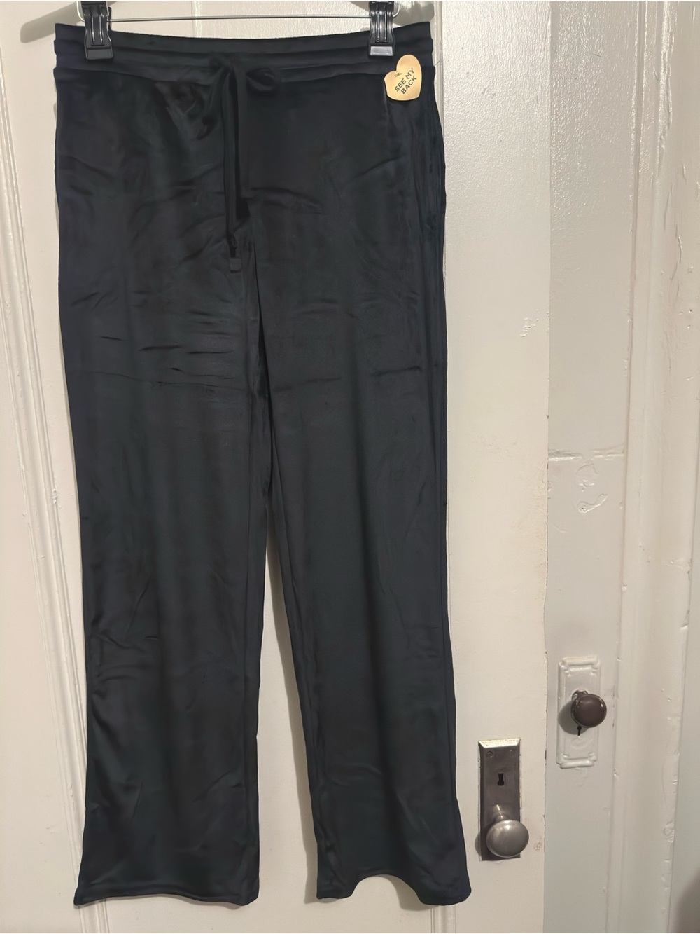 Y2K Juicy Couture Women’s Black Drawstring Velour Look Pants with crystal logo.